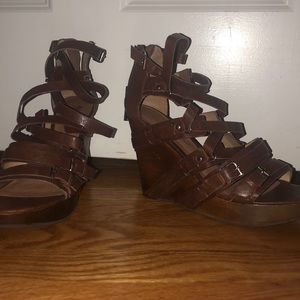 Chocolate brown wedges with wooden platform